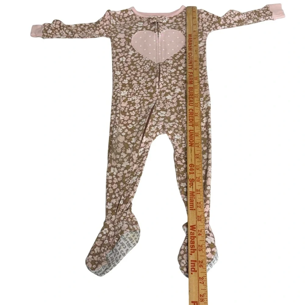 Carters 12M Pink Floral Heart Footed Pajamas Zip Up Sleep Play Cotton